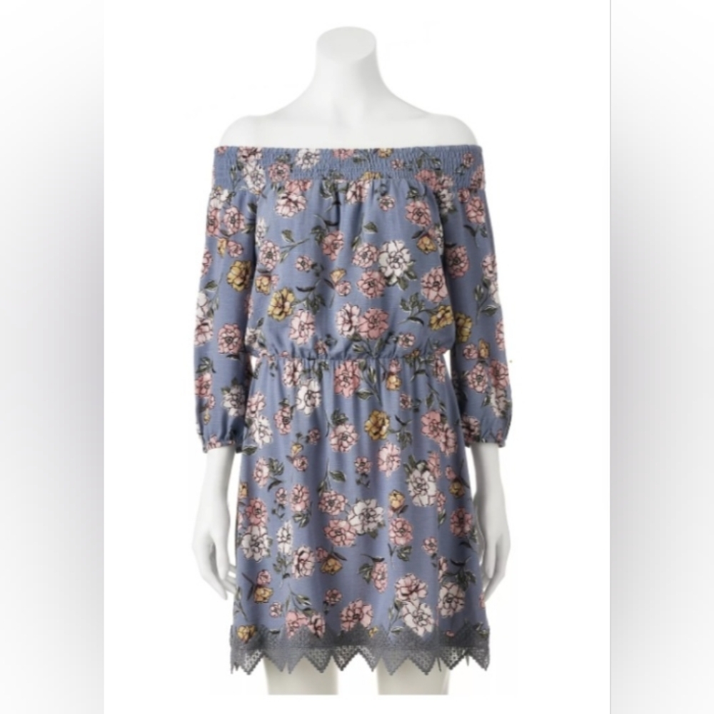 Three Pink Hearts Floral Off the Shoulder Dress with Crochet Trim size Large